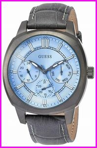 【GUESS　ゲス】 プライム 43mm グレー レザー バンド IP スチール クオーツ ブルー アナログ ウォッチ メンズ　W0660G2 時計