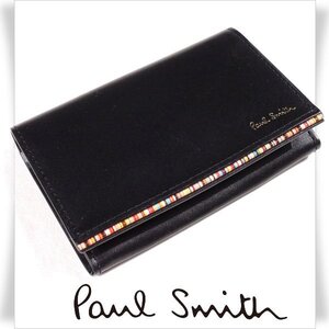 新品1円～★ポールスミス Paul Smith 牛革レザー名刺入れ カードケース 黒 ブラック シグネチャーストライプ ティッピング 本物 ◆3032◆