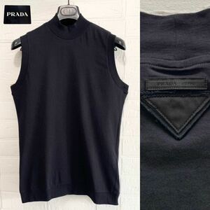 ☆未使用PRADA プラダ タンクトップ Tシャツ ノースリーブ ボトルネック 背面 ファブリックトライアングルロゴブラックメンズ サイズM 