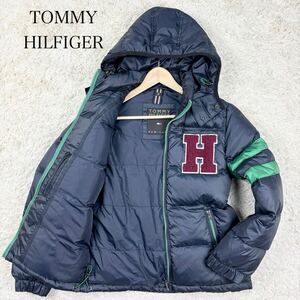 【美品】 TOMMY HILFIGER トミーヒルフィガー 【圧倒的高級感】 メンズ ダウンジャケット アウター Hロゴ サイドライン フード着脱可 紺 