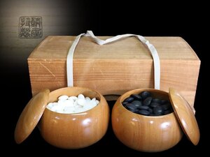 【江】極上 天然本蛤・那智黒石 碁石 碁笥 肉厚約10mm 箱付 古美術品(碁盤骨董囲碁将棋旧家蔵出)X173