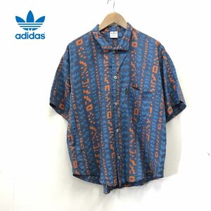 G2619-N◆old◆ 90s adidas アディダス 半袖シャツ ゆったり 身幅広め とろみ デサント期◆ sizeL ブルー系 マルチ 総柄 ポリノジック