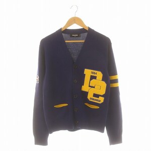 ディースクエアード 23AW COLLEGE SHETLAND CARDIGAN カーディガン ニット 長袖 Vネック ワッペン M 紺 マスタードイエロー メンズ