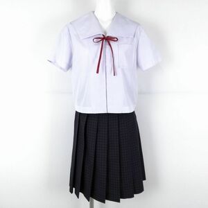 1円 セーラー服 チェックスカート 紐タイ 上下3点セット LL 大きいサイズ 夏物 女子 学生服 中学 高校 白 制服 中古 ランクC NA8894