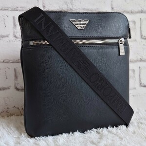 【極美品/現行】EMPORIO ARMANI エンポリオアルマーニ ショルダーバッグ サコッシュ 斜め掛け ボディ ロゴ レザー 革 ブラック 黒 メンズ