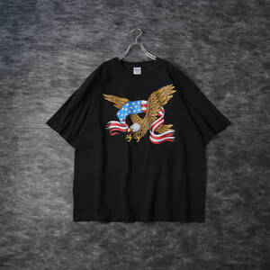 T168 GILDAN Eagle the Stars and Stripes Big Print Black Tee イーグル 鷲 星条旗 プリント ルーズ 黒 クルーネック Tシャツ XL