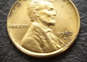 1セントコイン リンカーン 小麦 1952年製造 D刻印　 送料無料です。　（15956） USA 貨幣 硬貨 ペニー アメリカ