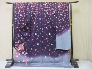 1円 良品 正絹 着物 振袖 縮緬 式典 和装 成人式 正月 紫 桜吹雪 花丸 高級 袷 身丈172cm 裄67cm ◆逸品◆【夢職】★★★★