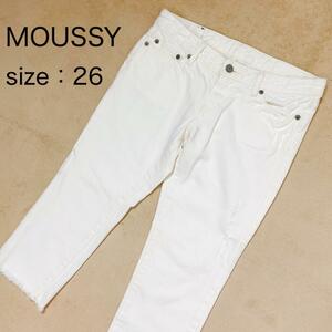 【MOUSSY JEANS】マウジー ダメージ加工ホワイトデニム クロップド レディース ローライズ カットオフ ジーパン ジップフライ クラッシュ