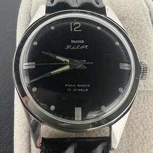 M：美品　hmt パイロット　17ジュエルパラショック　36mm アンチーク　ヴィンテージ　機械式　手巻き　黒文字盤　お洒落　ウオッチ