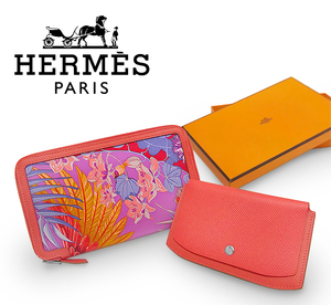 【未使用 超美品】 エルメス HERMES ソワクール ラウンドファスナー財布 ポーチ付 レザー シルク ピンク オレンジ レディース シリアル有