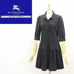 ◆BURBERRY BLUE LABEL バーバリー ブルーレーベル ストレッチ 五分袖 タック フレア ワンピース チャコールグレー 38