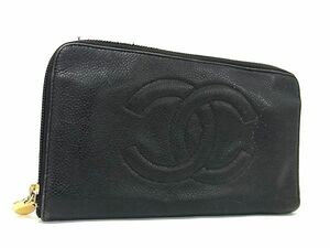 1円 CHANEL シャネル ココマーク キャビアスキン ラウンドファスナー 長財布 ウォレット 小銭入れ 札入れ カード入れ ブラック系 FC4978