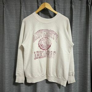 70s USA Vintage カレッジプリント スウェット college Print USA製 ホワイト レッド ラバープリント ヴィンテージ ミリタリー L 相当