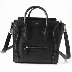 未使用品◎CELINE セリーヌ 18924 ラゲージ ナノ ショッパー ドラムドカーフスキン 2WAY ハンド／ショルダーバッグブラック 定価434500円