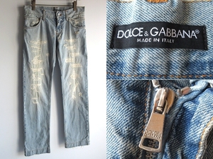 DOLCE&GABBANA ドルチェ&ガッバーナ 12 GOLD レザー&ロゴプレート クラッシュ&リペア加工 デニムパンツ 44 インディゴ イタリア製 国内正規