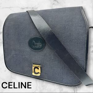 CELINE セリーヌ ショルダーバッグ 斜めがけ A4 PC ビジネス メンズ レディース キャンバス レザー ネイビー 紺 ホースロゴ ヴィンテージ