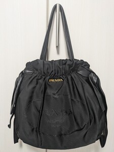 激安【美品、正規品】PRADA☆プラダ テスートナイロン×レザー リボン 2WAY トートバッグ ショルダー 肩掛けかばん レディース ブラック系 