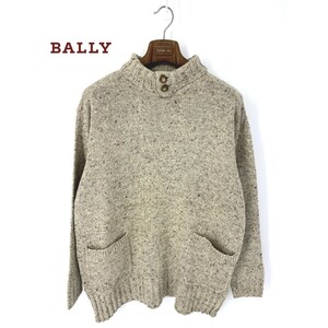 A6297/ビンテージ 極美品 春夏 BALLY バリー シルク ウール ハイネック 長袖 プルオーバー ニット リブ セーターM灰色/メンズ カーディガン