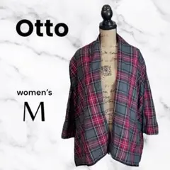 【Otto】チェック羽織りカーディガン　ボタンなし　薄手　ゆるダボ　レッド　M