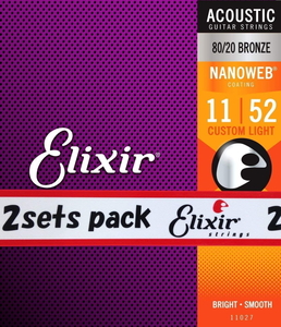 2セット Elixir エリクサー アコースティックギター弦 NANOWEB 80/20ブロンズ Custom Light .011-.052 #11027