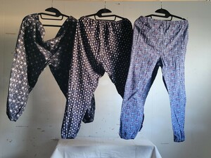 古布 木綿 もんぺ.絣 藍色 3枚　リメイク ちくちく ハンドメイド 古裂 イージーパンツ IndiGo