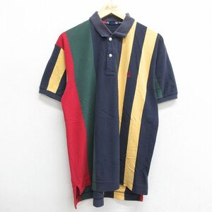 L/古着 ノーティカ 半袖 ブランド ポロ シャツ メンズ 90s ワンポイントロゴ 鹿の子 コットン 紺他 ネイビー ストライプ 24m