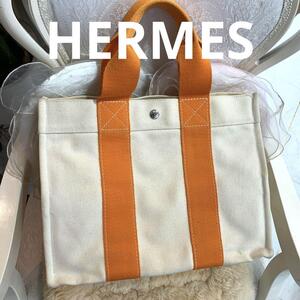 ☆美品☆HERMES ボラボラPM キャンバストートバッグ ホワイトxオレンジ