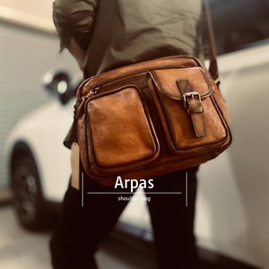 ◆Arpas 牛本革 あぶり系 大容量ショルダーバッグ オレンジブラウン メンズ 旅行 通勤 大型◆茶k46