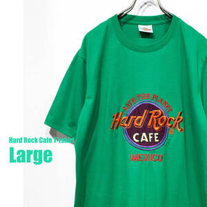 【USA製】L / HARD ROCK CAFE MEXICO ハードロックカフェ メキシコ 刺繍 クルーネック デカロゴ Tシャツ緑 グリーン オレンジ 茶 美品！