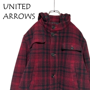 ★UNITED ARROWS チェック フード メルトンコート ウール混