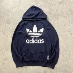 adidas アディダス　ニットパーカー　ビッグロゴ　トレフォイル　紺　古着