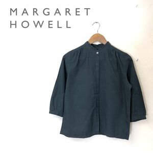 G2218-G-N◆美品◆MARGARET HOWELL マーガレットハウエル シャツ◆sizeⅡ コットン100% 日本 グレー 無地 レディース トップス 長袖 フリル