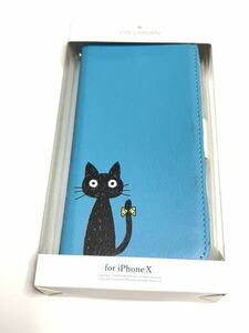 匿名送料込みiPhoneX用カバー 手帳型 ケース COLLABORN 可愛い黒猫柄 ブルー系 新品iPhone10 アイホンX アイフォーンX/EK7