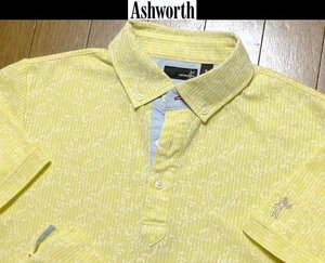 M(US)M(JP位)【セール！送料無料】希少 アシュワースAshworth USA限定ゴルフマン 美品 総柄リーフ葉 刺繍調デザイン 4方向伸縮 ポロシャツ