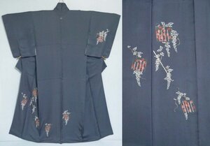 【KIRUKIRU】付下げ 着物 身丈168cm 正絹 刺繍 源氏香 藤 花柄 グレー 一つ紋 レトロ 和装 着付け 呉服 訪問着