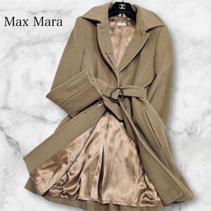 美品 MaxMara マックスマーラ MAX&Co【ウール アンゴラ ロングコート】大きいサイズ 42 L相当 ステンカラー ベルトリボン プリンセスライン