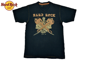 Y-1358★送料無料★美品★Hard Rock CAFE ハードロックカフェ GUAM USA グアム限定★ネイビー紺色 Vネック 刺繍 プリント 半袖 T-シャツ Ｓ