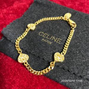 美品 CELINE セリーヌ ハート ラインストーン ゴールドカラー ブレスレット アクセサリー 