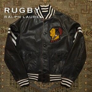 【超希少】 Ralph Lauren Rugby All Leather Varsity Jacket 【L】 オール レザー バーシティ ジャケット スタジャン 黒 ブラック 牛革 RRL