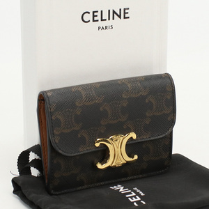 中古美品セリーヌCELINE トリオンフキャンバス フラップ付き カードホルダー PVC 10I58 2CPJ 04LU ブラウン系 ランク：S us-1 レディース