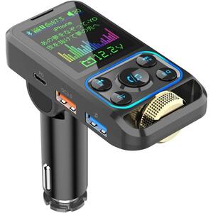FMトランスミッター Bluetooth5.3 PD QC3.0高速充電 スマホ充電　合計53W 高音と重低音の調整 AUX IN/OUT対応 ハンズフリー通話 電圧表示