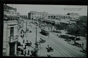 12599 戦前 絵葉書 中国 満州 ハルビン 哈爾浜 新城大街の美観 路面電車 馬車 屋上看板にキリル文字