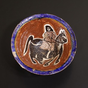 ★いい楽★ペルシャ 青褐釉騎馬女性文碗 12世紀
