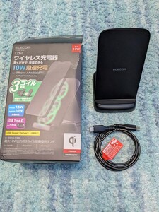 ◎0701u0622　エレコム (ELECOM) ワイヤレス充電器 Qi認証 最大10W出力 スタンド 3コイル搭載 滑り止めパッド ブラック W-QS08BK