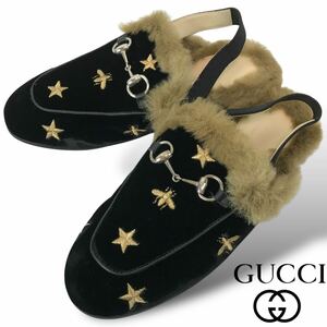 s90 未使用 GUCCI グッチ チルドレン プリンスタウン キッズ サンダル ベロア ホースビット シューズ ローファー 32 子供用 ビー 黒 ファー