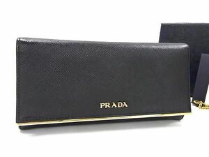 1円 ■美品■ PRADA プラダ サフィアーノレザー カードケース付き 二つ折り 長財布 ウォレット 小銭入れ 札入れ ブラック系 AX9968