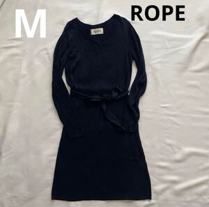 ROPE ニットワンピース M ネイビー　スタイリッシュリブ編み ニットワンピース　オールシーズン　美ライン　美品　ウエストリボン