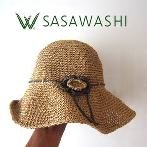 未使用品　SASAWASHI／ささ和紙★　麦わら帽　コサージュ付きバゲットハット