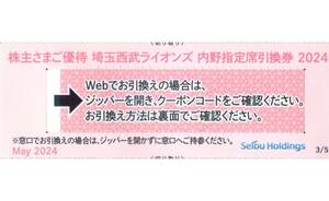 ★西武ホールディングス　株主さまご優待　内野指定席引換券×1枚★条件付き送料無料★2024シーズンまで★即決